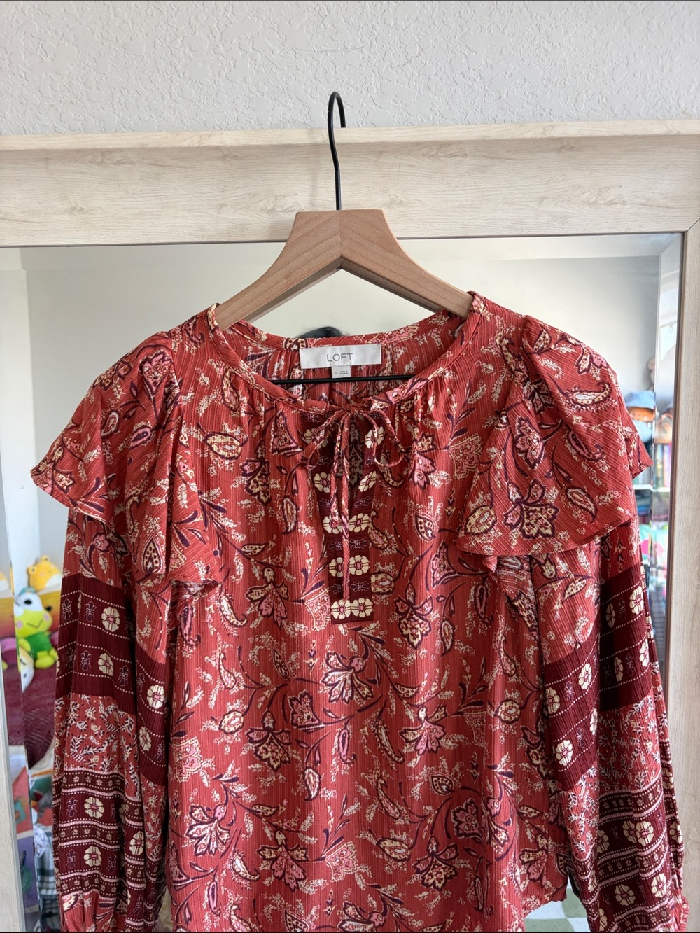 LOFT Rust Floral Ruffle Tie-Neck Blouse - Picture 4 of 6